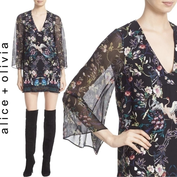 ALICE + OLIVIA Zia mythical garden kaftan crane bird floral print dress - Picture 14 of 15